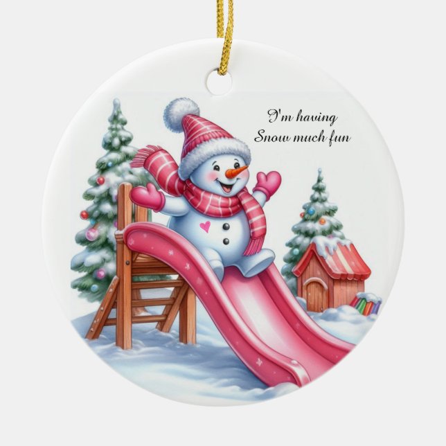 Lekfull rosa snömannen lekplats kul julgransprydnad keramik (Framsidan)