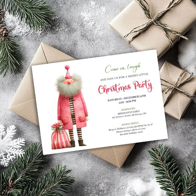 Lekfull rosa tomte julfestinladan  inbjudningar (Playful pink santa Christmas party invitation pink green art

)