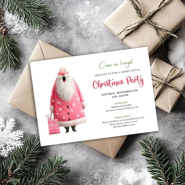 Lekfull Rosa Tomte Rolig Julfest Utskrivbar Inbjudningar (Playful Pink Santa Funny Christmas Party Printable)
