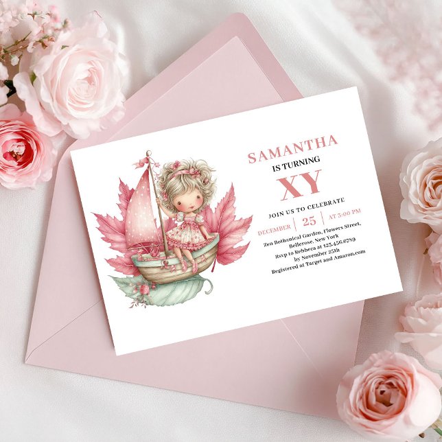 Lekfull sagoprinsessa födelsedagsinbjudan i rosa n inbjudningar (Whimsical Fairy Girl Birthday Blush Pink Invitation)
