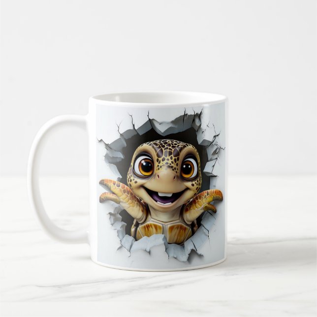 Lekfull seriefigur av sköldpadda som kommer fram kaffemugg (Vänster)