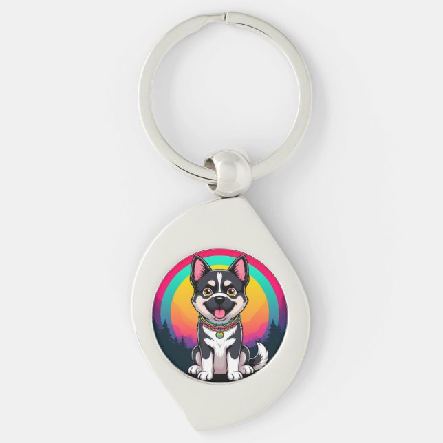 Lekfull serieteckning hund swirl silverfärgad nyckelring (Framsidan)