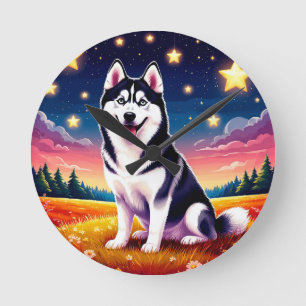 Lekfull siberisk husky rund klocka