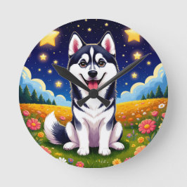 Lekfull Siberisk Husky Rund Klocka