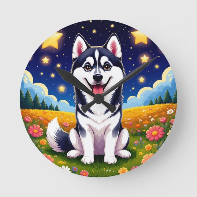 Lekfull Siberisk Husky Rund Klocka (Framsida)