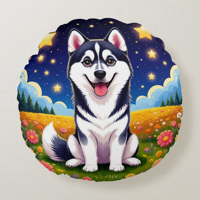 Lekfull sibirisk husky rund kudde (Framsidan)