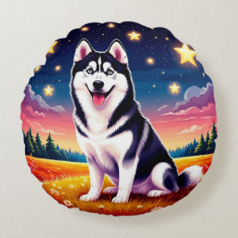 Lekfull sibirisk husky rund kudde