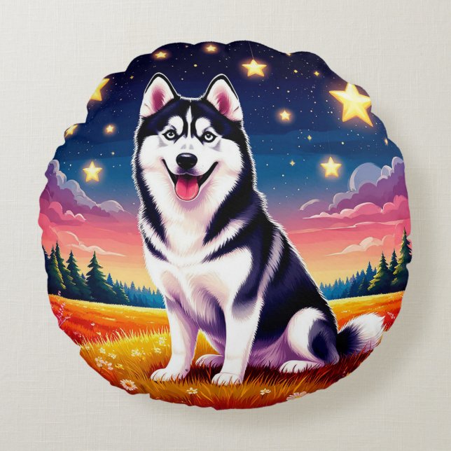 Lekfull sibirisk husky rund kudde (Framsidan)