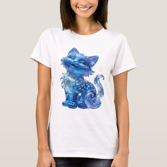 Lekfull Silver BLÅ GLITTER KATT Grafisk T-shirt (Framsida)