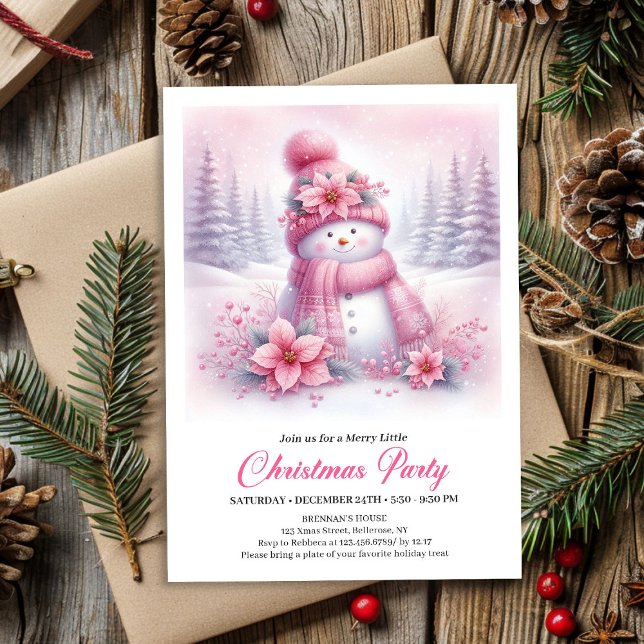 Lekfull snöig skog Rosa snömannen barn inbjudan (Playful Snowy Forest Pink Snowman Kids Invite Download)