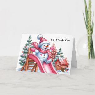 Lekfull snöman på lekplatsen rosa helgkort