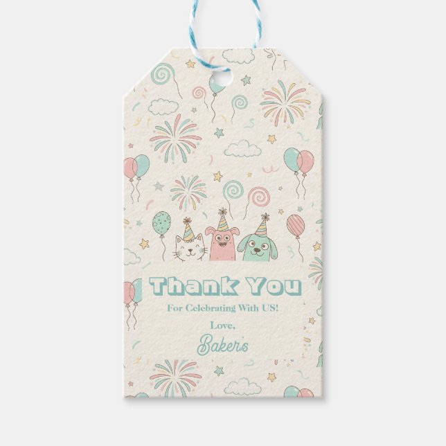 Lekfull söß och tre barn födelsedag  presentetikett (Framsidan)