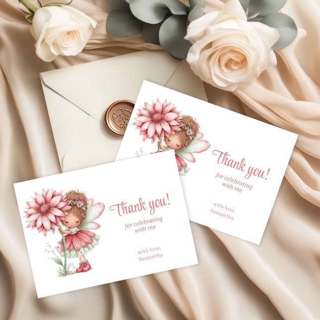 Lekfull Söt Änglablush Blommig Första Födelsedag Tack Kort (Whimsical Cute Fairy Blush Floral 1st Birthday Thank You Card)