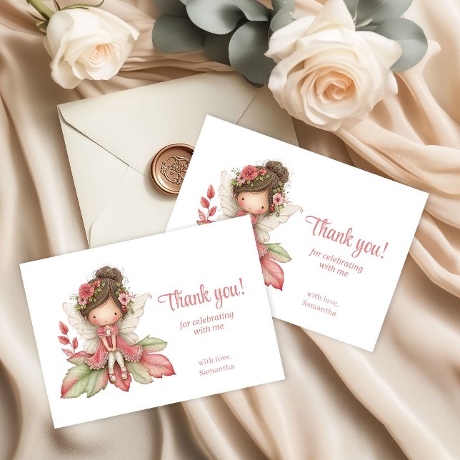 Lekfull Söt Ängs- och Sagotema Första Födelsedagsf Tack Kort (Whimsical Cute Fairy Floral 1st Birthday Party Thank You Card)