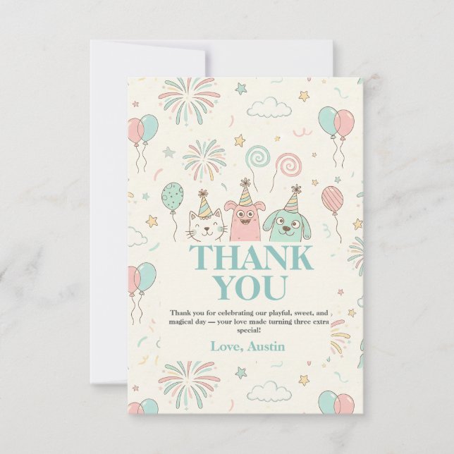 Lekfull söt och tre barn födelsedagsinbjudan tack kort (Framsida)