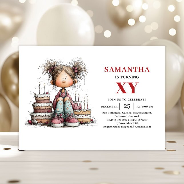 Lekfull sötnos till liten flicka, tecknad födelsed inbjudningar (Whimsical Cute Little Girl Cartoon Birthday Invitation

)