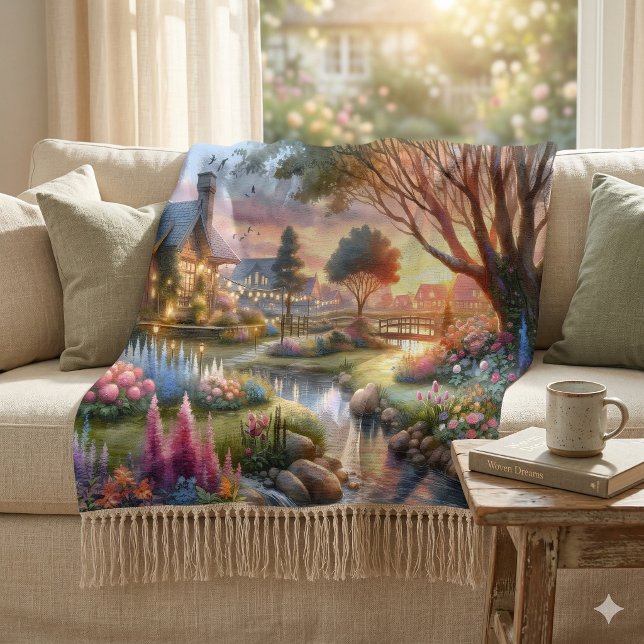 Lekfull stugträdgård vid solnedgång filt (Whimsical Cottage Garden Sunset Throw Blanket)