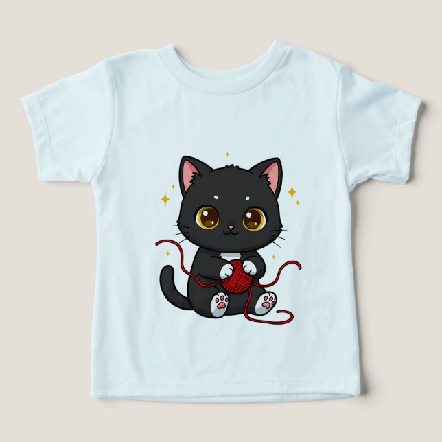Lekfull svart katt Chibi-design T Shirt (Design Framsida)