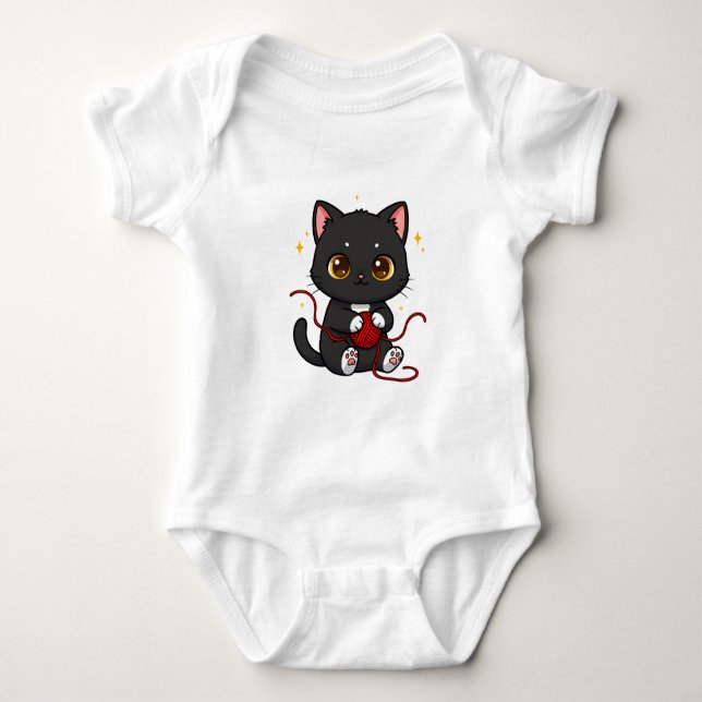 Lekfull svart katt Chibi-design T Shirt (Framsida)