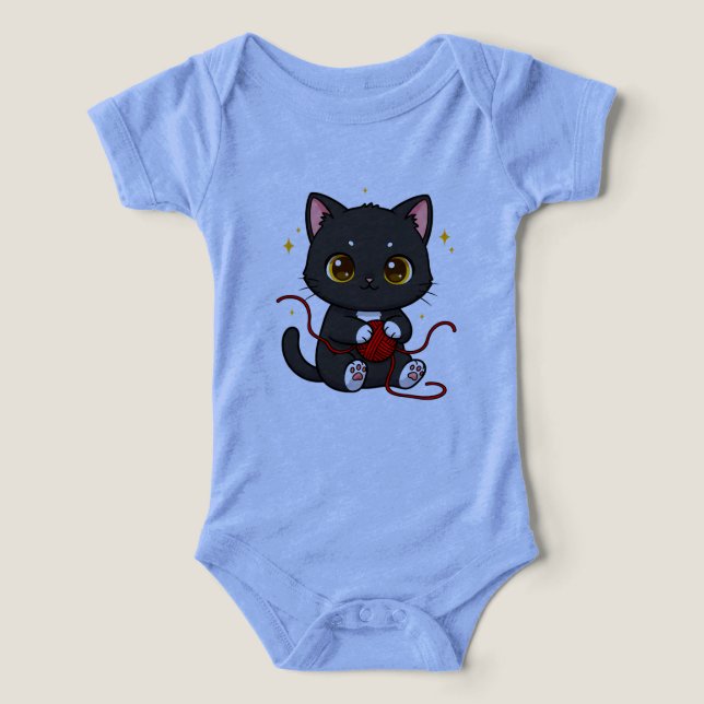 Lekfull svart katt Chibi-design T Shirt (Design Framsida)