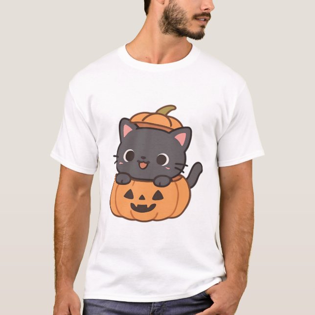 Lekfull svart katt som sticker ut från pumpa T-shi T Shirt (Framsida)