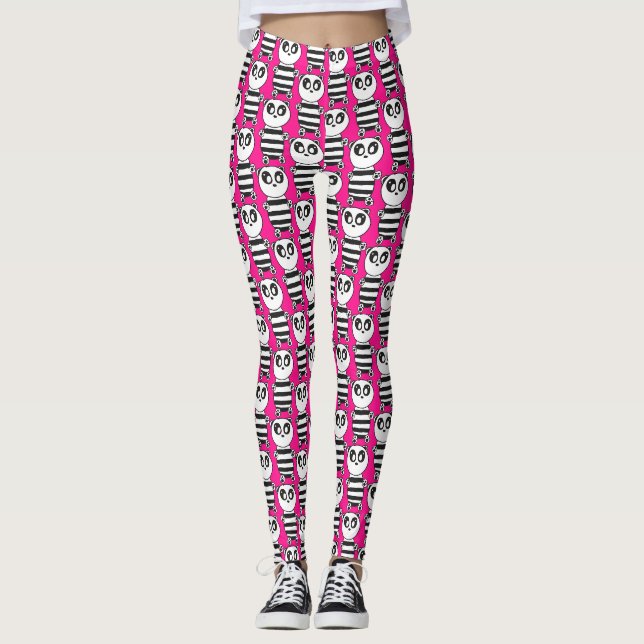 Lekfull svart-vit pandakonst leggings (Framsida)