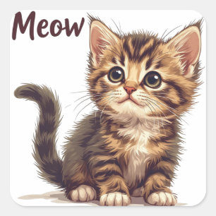 Lekfull tabby kattunge med Meow-citat Kattälskare Fyrkantigt Klistermärke