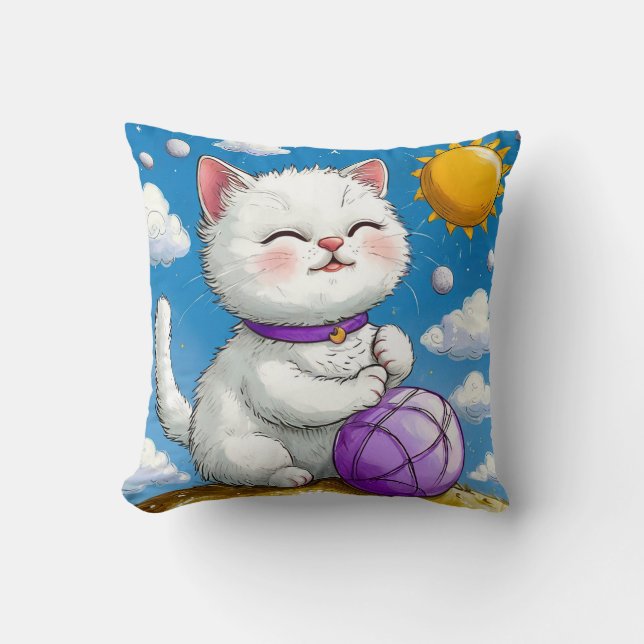 Lekfull tecknad katt i en solig och fantasifull Fa Kudde (Framsida)