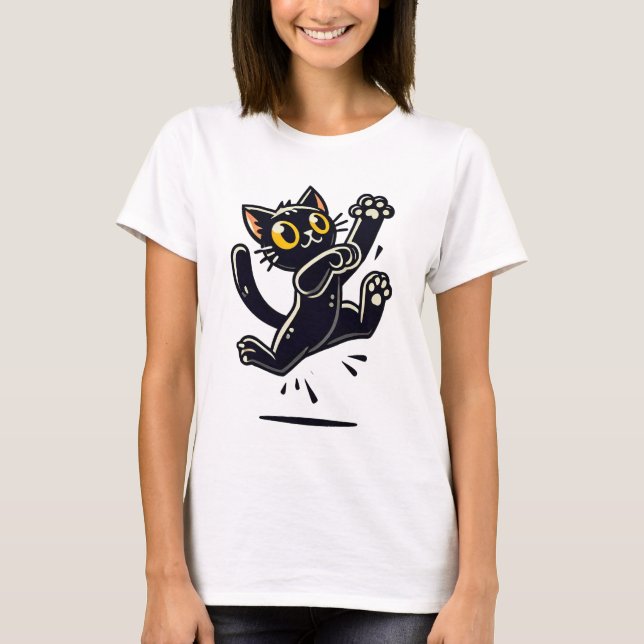 Lekfull tecknad svart katt hoppar t shirt (Framsida)