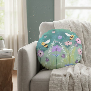 Lekfull Trädgård Äng Bin Blommor Lysande Insekter Rund Kudde