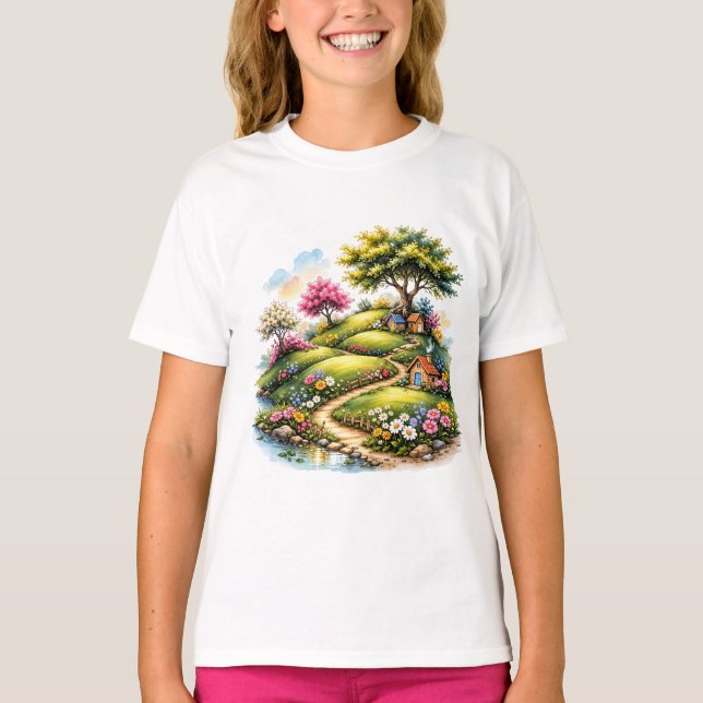 Lekfull trädgårdslandskapsmålning i stugstil t shirt (Framsida)