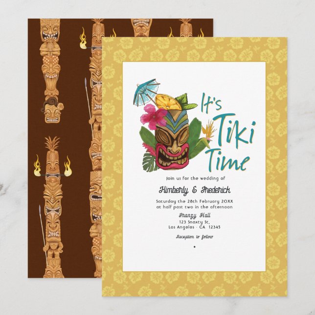 Lekfull Tropisk Tiki-Hochzeit Inbjudningar (Fram/baksida)