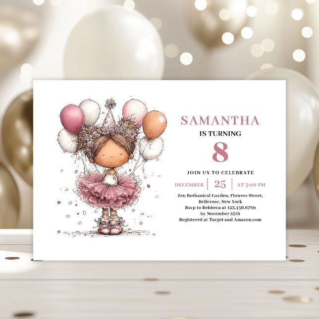 Lekfull Tutu-flicka 8-års Födelsedagsinbjudan Rosa Inbjudningar (Whimsical Tutu Girl 8th Birthday Invite Pink)