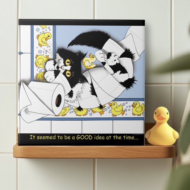 Lekfull Tuxedo Katt Toalettpapper Kaos Blå Gul Kakelplatta (Skapare uppladdad)