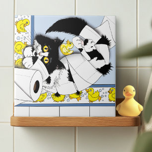 Lekfull Tuxedo Katt Toalettpapper Kaos Blå Gul Kakelplatta