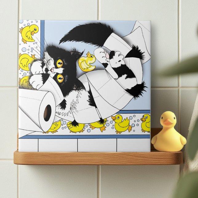 Lekfull Tuxedo Katt Toalettpapper Kaos Blå Gul Kakelplatta (Skapare uppladdad)