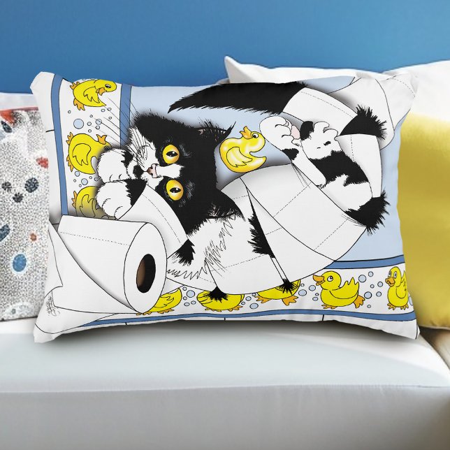 Lekfull Tuxedo Katt Toalettpapper Kaos Blå Gul Prydnadskudde (Skapare uppladdad)