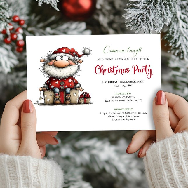 Lekfull udda jul tomte handritat festinbjudande inbjudningar (Playful Quirky Santa Hand Drawn Party Invitation)