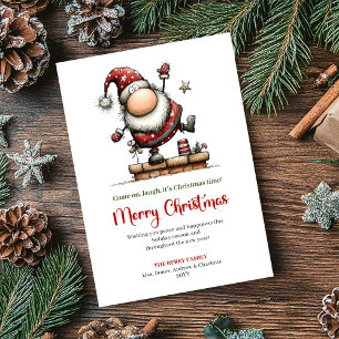 Lekfull udda tomte klassisk julhälsning julkort