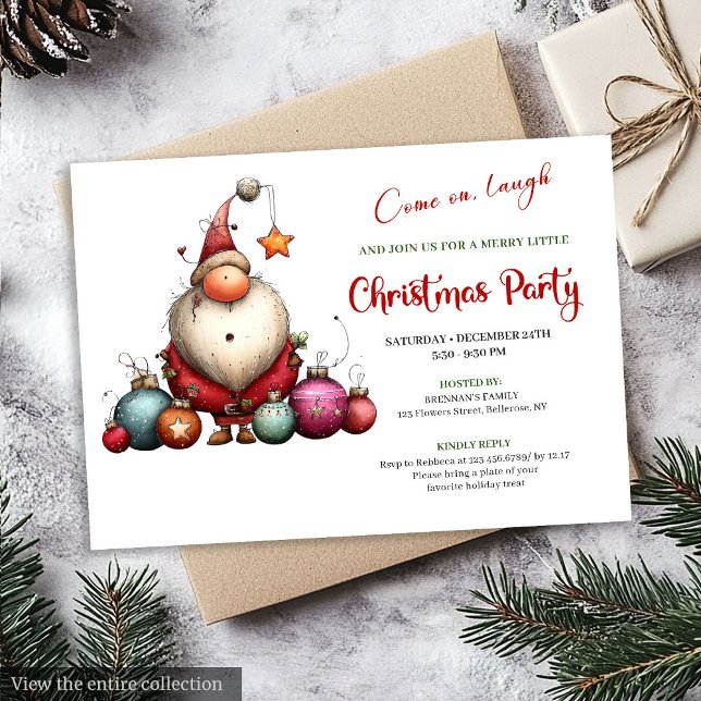 Lekfull udda tomte klassisk röd grön fest  inbjudningar (Playful Quirky Santa Classic Red Green Party Invite)