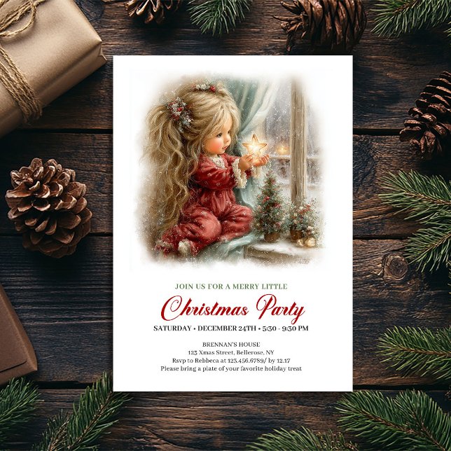 Lekfull vinterscen flicka vintage partajinvitation inbjudningar (Playful Winter Scene Girl Vintage Party Invitation

)