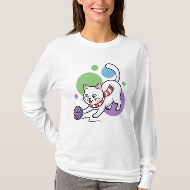 Lekfull vit katt med garn t shirt (Framsida)