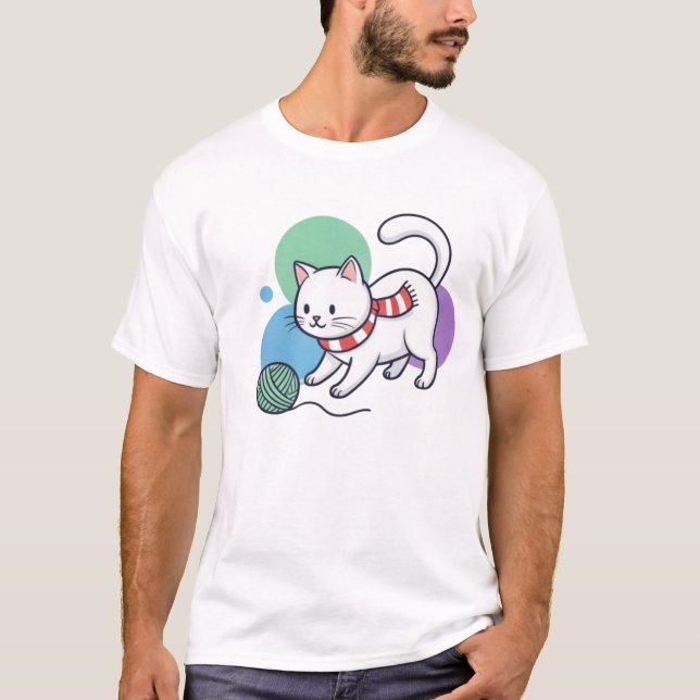 Lekfull vit katt med garner T-shirt (Framsida)