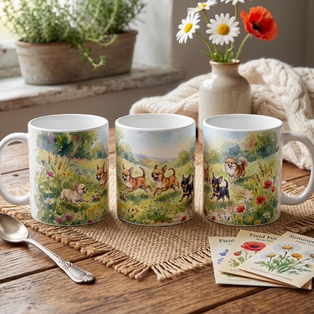 Lekfulla Chihuahuas i blomsteräng Kaffemugg (Skapare uppladdad)