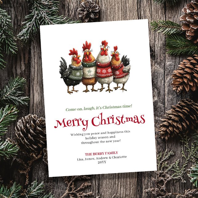 Lekfulla Excentriska Kycklingar Julhälsningskort Julkort (Playful Quirky Chickens Holiday Greeting Card)