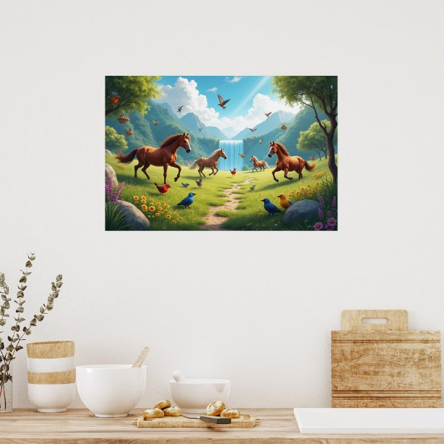 Lekfulla hästar och fåglar på frodig äng poster (Kök)