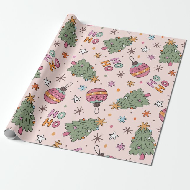 Lekfulla julgranar och ornament presentpapper (Utrullad)