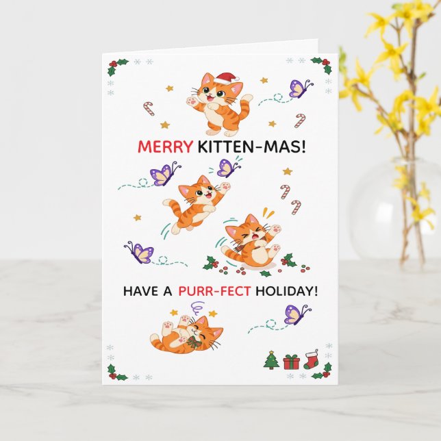 Lekfulla Orange Katter Jul Kort (Gul blomma)
