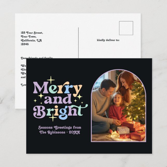Lekfulla Pasteller Glada och Ljusa Retro Jul Helg Vykort (Fram/baksida)