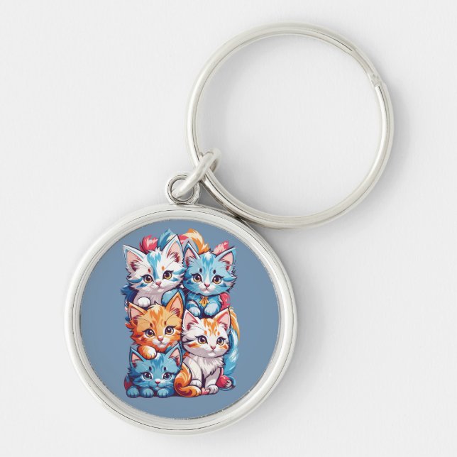 Lekfulla söta Kawaii Kattungar Rund Silverfärgad Nyckelring (Framsidan)